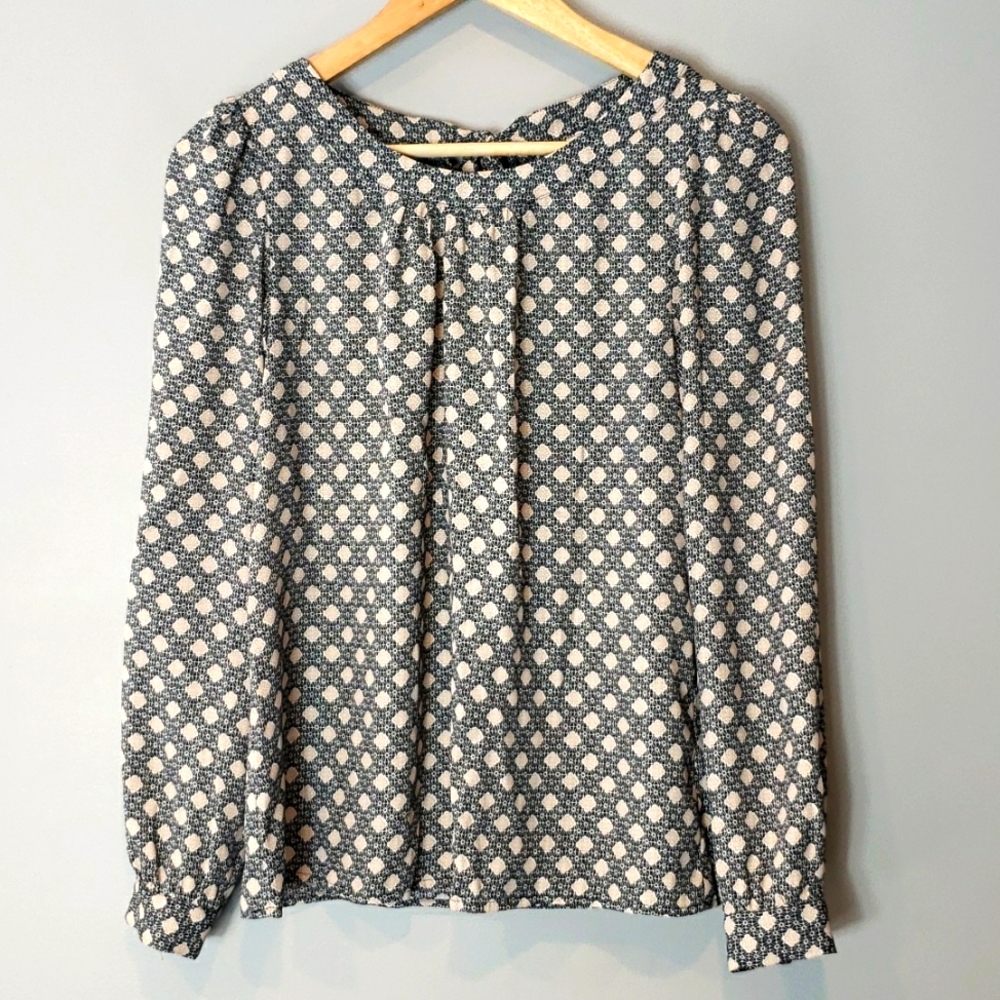 LOFT Navy and White Printed Long-Sleeve Blouse